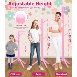 Relquorax Beech Wood Kids Coat Rack - Adjustable Height Stand with 9 Hooks, Freestanding Children's Clothing Organizer for Hallway, Bedroom, Easy Assembly (Pink)