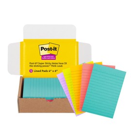 Post-it Super Sticky Lined Notes, 5 Sticky Note Pads, 4x6 in, 2X the Sticking Power, School Supplies, Office Products, Sticky Notes for Vertical Surfaces, Monitors, Walls and Windows, Bright Colors