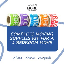 250 Home Moving Labels for 1 Bedroom — 5 Color-Coded Room Labels (50 Each) + Fragile Stickers for Moving Boxes, Supplies, Wardrobe Boxes, Apartment Moves