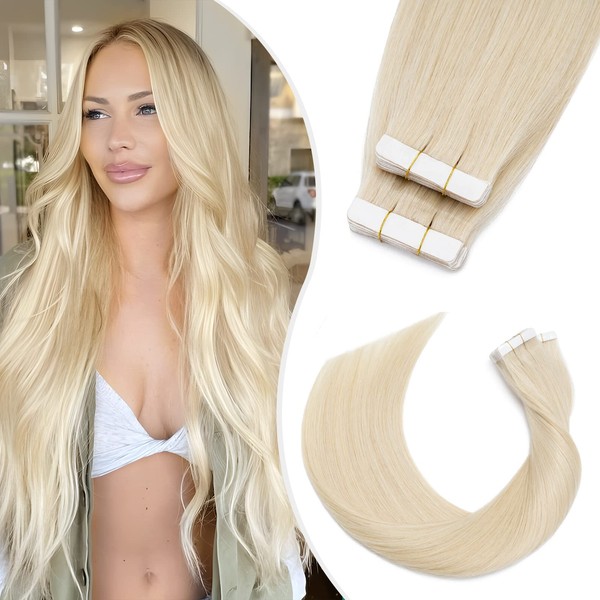 Elailite Tape Extensions Real Hair, 40 cm Hair Extensions, Real Human Hair Straight #60 Platinum Blonde 40 Pieces (3 g/piece)