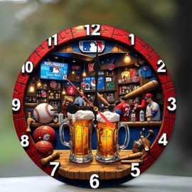 Baseball Bar Wall Clock with Beer Theme Decor10-Inch Wooden Wall Clock, Silent Movement, Battery Operated (AA Batteries Not Included), Artistic Home Decor, Perfect for Home Accents