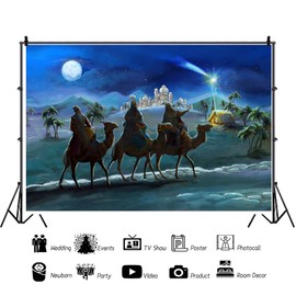 Laeacco 8x6ft Christmas Nativity Scene Backdrop Manger Birth of Jesus Shabby Barn Three Camels Kings Photography Background Holy Night Star Desert Castle Religious Backdrop Banner Photo Booth Props