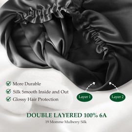 SGMSILK Silk Bonnet for Sleeping Women, 100% Mulberry Silk Sleep Cap with Elastic Band, Double Layer Silk Sleeping Bonnet for Women Hair Care Black