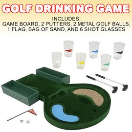 Gamie Golf Drinking Game, Golfing Adult Drinking Game with 1 Game Board, 2 Putters, 2 Metal Balls, 1 Flag, 1 Bag of Sand, and 6 Shot Glasses, Unique Gift for Golfers and Father’s Day