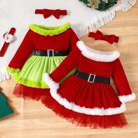 VNGOLERRY Kids Christmas Dress, Santa Costume, Christmas Dress, Cosplay, For Kids, Girls, Long Sleeve, Tulle Skirt, With Headband Included, Ribbon, Brushed, Warm, Fluffy, Cute, Costume Present for 1