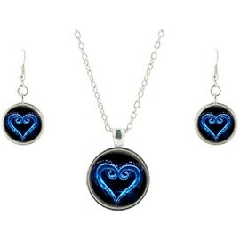 EC Trading Kingdom Hearts Logo Glass Domed Pendant Necklace, Earring Jewelry Set