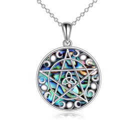 YAFEINI Triple Moon Goddess Necklace S925 Sterling Silver Moon Tree Pentagram Wicca Magic Abalone Shell Pendant Jewellery for Men and Women, Sterling Silver, Abalone