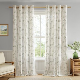 FMFUNCTEX Linen Curtains Floral Patterned Curtain for Bedroom Living Room, Sage Green Curtains 96 Inches Long Farmhouse, Light Filtering Beige Window Curtain Grommet Top 2 Panels Set