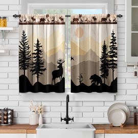Forest Animal Cabin Kitchen Curtains: Sunset Country Bear Deer Nature Printed Short Cafe Curtain for Dining Room Tier Curtains Farmhouse Decor Rod Pocket Window Drapes 24Inch Length 2 Panels Set