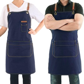 Chef Apron for Men Women with Pockets | Adjustable Cross-Back Work Apron | Canvas Kitchen Cooking BBQ Apron | Barista Bartender Barber Professional Apron | Art Craft Gardening Florist Aprons - Navy