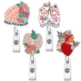 JoyAura ID Badge Holder - Cardiac Badge Reel Retractable with Acrylic Patch, Flower Brain Lung Xray Badge Clip for Anatomy Doctor Accessories, Hospital School Nurse Supplies