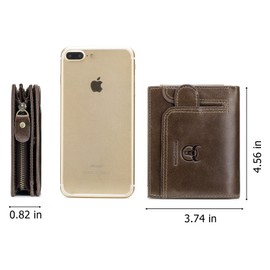 BULLCAPTAIN Men RFID Blocking Bifold Wallet Genuine Leather Card Holder Zipper Coin Purse(Brown with zipper)