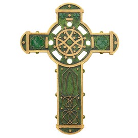 Elysian Gift Shop Irish Green with Gold Accents Celtic Wall Cross with Shamrock and Celtic Knot Designs (9 Inch)
