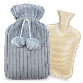 Large Hot Water Bottle with Luxury Cover, High-Quality 2 Litre Rubber Bed Bottle, Extremely Soft Plush Cover with Hand Warmer, Cold Protection for Children, Women, Adults, Hand Bag Cover, Grey