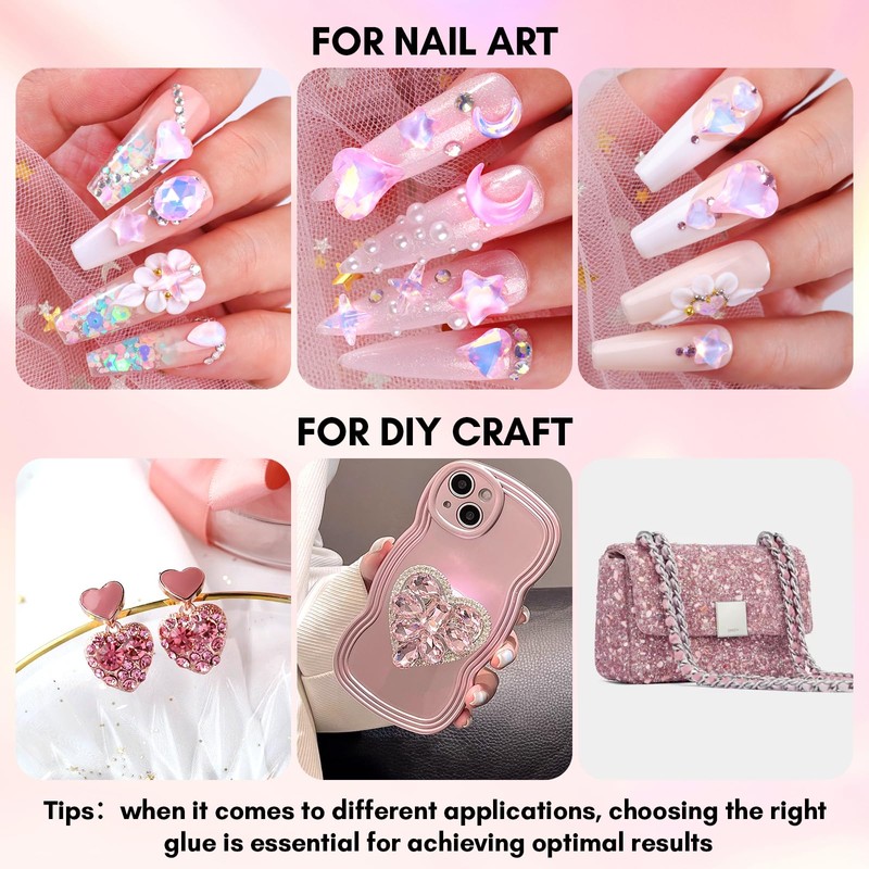 Makartt Pink Diamond Nail Design Glue Set, Flat Back Gemstone,