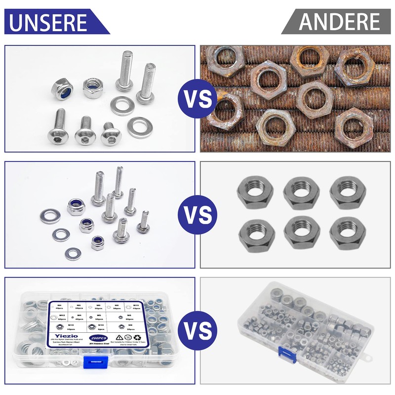 Yiezio 290 Piece Hex Nuts Washers Sets Locking Nuts Lock