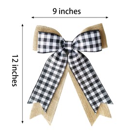 4pcs Nature Burlap Wreath Bow, Black Red Buffalo Plaid Bows for Christmas Decoration, Bows for Wreath (9x12 inches) (Black&White)