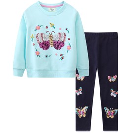 Girl's Clothes Sets Sports Pullover Cotton Sweatshirt Pullover Top+Leggings Athletic Butterfly Outfits Light Green 6-7Years