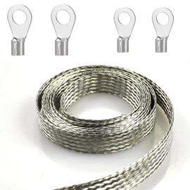 Tinned Flat Copper Braid Cable,13mm Flat Copper Braided Ground Strap Wire, Flexible Shielding Wire Mesh（16.4ft）