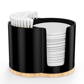 PENGARO Cotton Pad and Swab Holder, Q tip Holder Round Cotton Pad Dispenser Plastic Cotton Swabs Dispenser, Bathroom Accessories Storage Organizer for Cotton Pads Floss Picks, Black