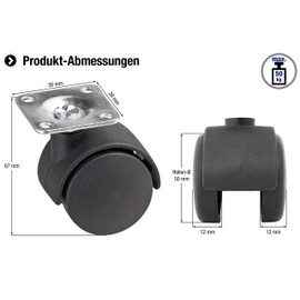 Metafranc Doppelrolle Ø 50 mm - 38 x 38 mm Platte - Kunststoff-Rad - Weiche Lauffläche - Gleitlager - 35 kg Tragkraft / Transportrolle / Möbelrolle / Containerrolle / 800110