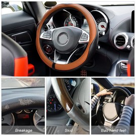 Leather Car Steering Wheel Cover, Car Wheel Cover Protector Soft Breathable Anti Slip, Steering Wheel Covers for Women Men, Universal Fit 15 Inch Car, Truck, SUV (Black/Orange)