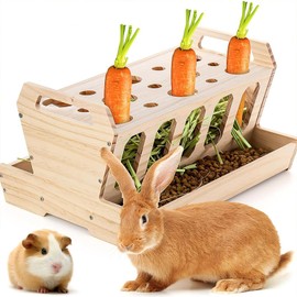 DOUBFIVSY Rabbit Hay Feeder, Large Capacity Wooden Hay Feeder for Rabbits Guinea Pigs Chinchillas, Pet-self Feeding Hay Manager Alfalfa Timothy Dispenser Grass Holder Carrot Feeders for Bunny