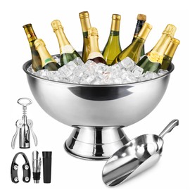 Stainless Steel Champagne Bowl Ice Bucket, 13.5 L Large Ice Bucket with Scoop Tongs, Wine Opener, Wine Stoppers, Ice Buckets for Parties, Silver Wine Chiller, Professional Cocktail Bar Supplies