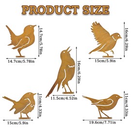MOAZIFI 5 Patina Metal Bird Stakes, Garden Decoration, Rust Look with Screw Thread, Garden Decoration for Outdoors, Weatherproof, Outdoor Decoration, Iron Bird