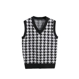 Milumia Men's Houndstooth Sweater Vest Sleeveless V Neck Casual Rib Knit Top Multicolored Medium