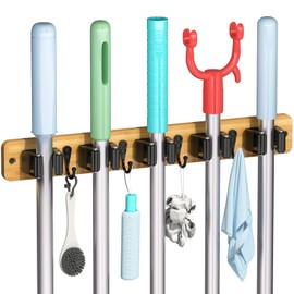 IMILLET Broom Holder Wall Mount, Bamboo Broom Hanger with 5 Racks 4 Hooks, Mop and Broom Holder Wall Mount Self Adhesive, Home Organization and Storage for Laundry Room, Closet, Utility Room