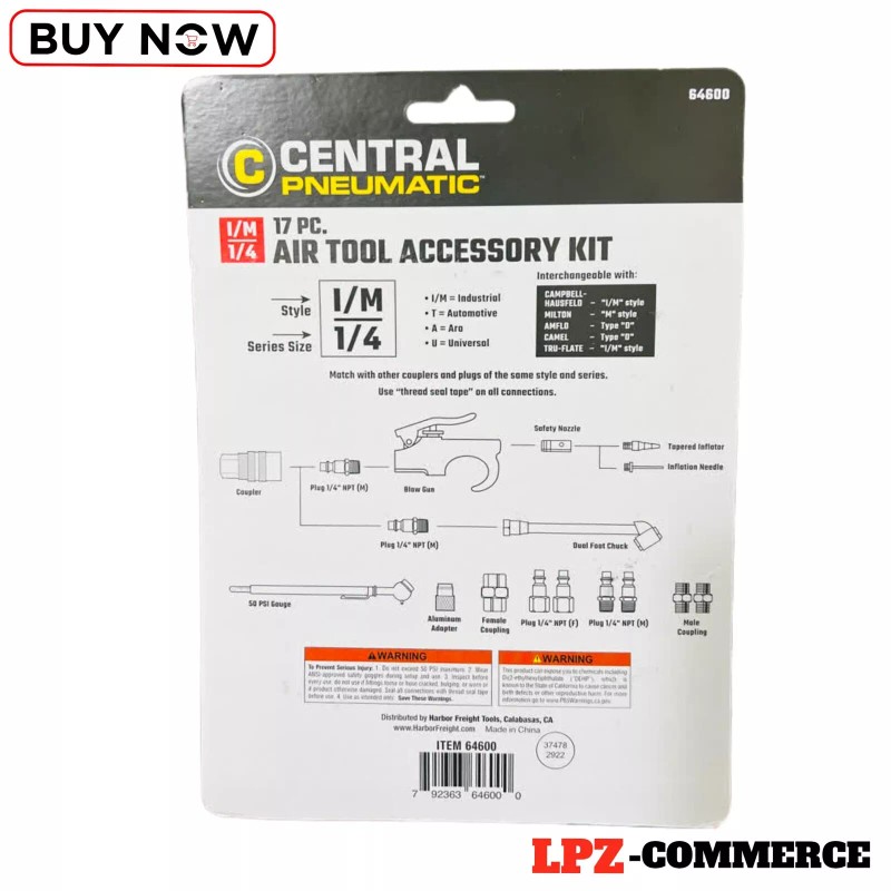 Central Pneumatic 17 Piece Compressed Air Tool Accessory Kit Pneumatic