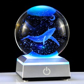 Ornalrist 3D Engraved Whale K9 Crystal Ball with Silver LED Base 3.15in. Miniatured Whale Birthday Gifts for Girlfriend Glass Home Decoration (3.15 in.)