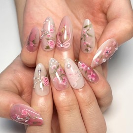 Press On Nails, Summer Flower Fake Nails, Cute Design Floral Stick On Nails, Short Square Almond Ballet Shape Glue on Nails on 24PCS (Almond Pink Rose)