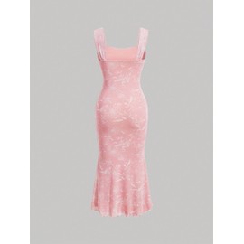 GORGLITTER Women's Floral Ruched Bodycon Summer Wedding Guest Dress Mesh Fishtail Cocktail Midi Sun Dresses 2025 New Pink Large