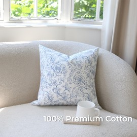 Juto 100% Cotton French Country Floral Throw Pillow Covers, Blue White 18x18 inch Farmhouse Chinoiserie Decorative Cushion Covers for Couch Bed Living Room, Pack of 2