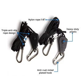 4 Pairs of 1/8 Inch Adjustable Heavy Duty Rope Hangers for Grow Tents Suspended Grow Mounts, Reinforced Metal Gear, Anti-Shedding Knots, 8 ft., Holds up to 150 Lbs.