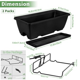 HAITRAL Hanging Planters for Outdoor Plants,Deck Railing Planter Boxes Countryside Style Window Boxes Planters, Balcony Flower Pots Plastic Railing Planter with Metal Brackets for Fence,Black 2 Pcs