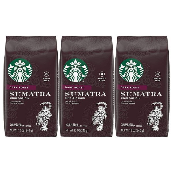 Starbucks Sumatra Coffee, Whole Bean, 12-Ounce Bags (Pack of 3)