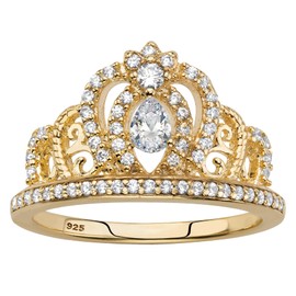 PalmBeach Jewelry Yellow Gold-Plated or Sterling Silver Pear Cut and Round Cubic Zirconia Crown Ring Size 7
