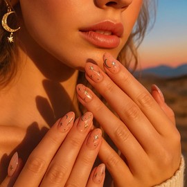 24pcs Short Oval Press On Nails – Nude Pink Fake Nails with Gold Star & French Tip Designs – Stick On False for Women 12 Sizes with Art Tools