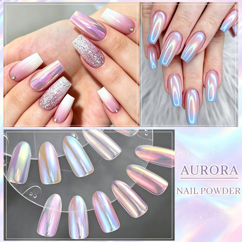 Aurora Chrome Nail Powder, 8pcs Iridescent Mirror Effect with Sponge