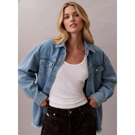 Dokotoo Womens Washed Boyfriend Oversized Lapel Button Up Long Sleeve Denim Trucker Jacket Distressed Ripped Denim Jackets Fashion Distressed Jean Jacket for Women Sky Blue L