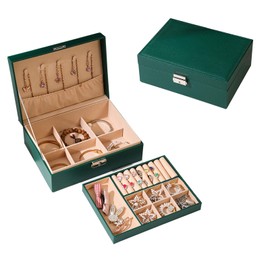 percifee Jewelry Boxes for Women Girls, Jewelry Organizer Box, 2 Layers Jewelry Storage Organizer for Earring, Ring, Necklace, Bracelets.(green)