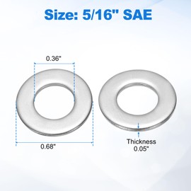 sourcing map 100Pcs 5/16" Stainless Steel SAE Flat Washers, 0.36" ID x 0.68" OD x 0.05" Thick Round Metal Washers for Screws Bolts Machinery Repair Accessories, Outdoor Construction