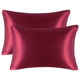 PiccoCasa Satin Pillow Cases 2 Pack, Satin Silk Pillowcase for Hair and Skin with Zipper Closure Soft Pillow Cases Cover Set Burgundy 50 x 65cm