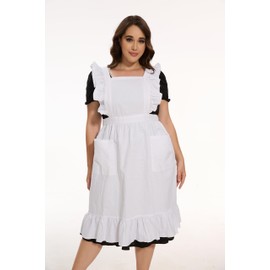 LilMents Long Maxi Cotton Ruffle Apron with Pockets, Small to Plus Size Ladies, White, One Size