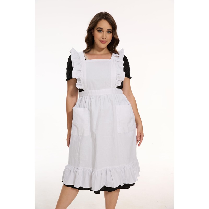 LilMents Long Maxi Cotton Ruffle Apron with Pockets, Small to