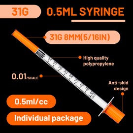 0.5ml 31G 5/16 Inch Syringe, U-100 0.5cc 31 Gauge 8mm Lab Syringes Individually Wrapped, Pack of 100
