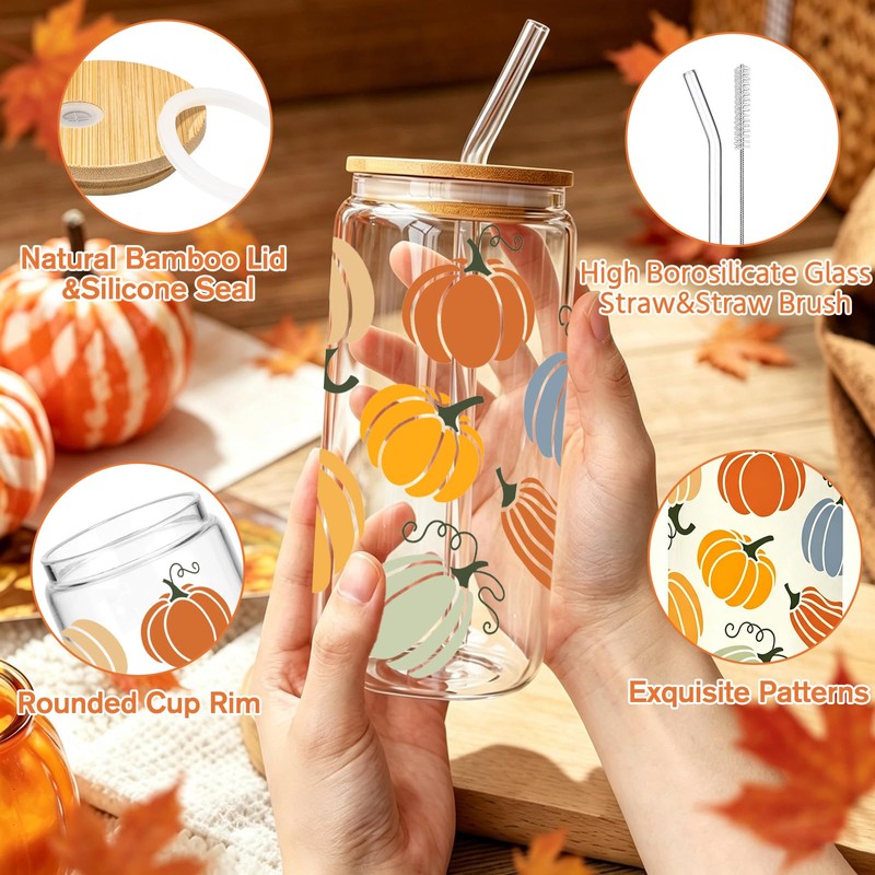 Fall Cups, 16oz Autumn Pumpkin Iced Coffee Glass Cup with